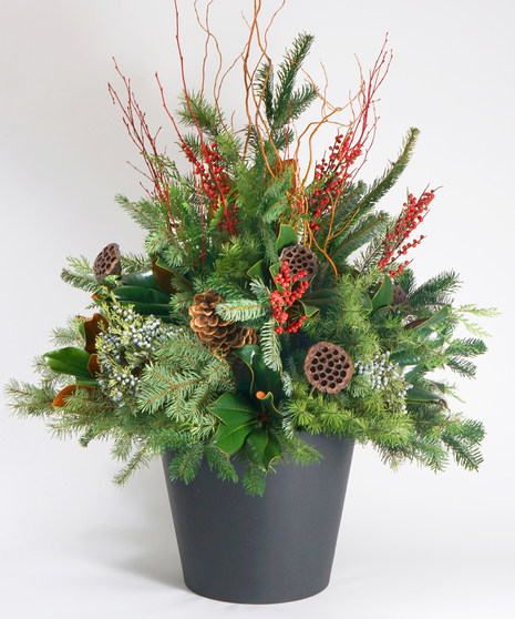 christmas planter with winter greens, berries, and pinecones in a large ceramic container