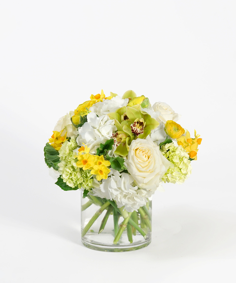 yellow tulips, soft yellow roses and hydrangea flower arrangement